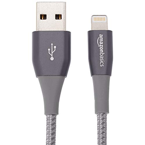 Book Cover AmazonBasics Double Nylon Braided USB A Cable with Lightning Connector, Premium Collection, MFi Certified iPhone Charger, 4 Inch, Dark Grey
