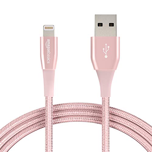 Book Cover Amazon Basics Double Nylon Braided USB A Cable with Lightning Connector, Premium Collection - 6 Feet (1.8 Meters) - Rose Gold