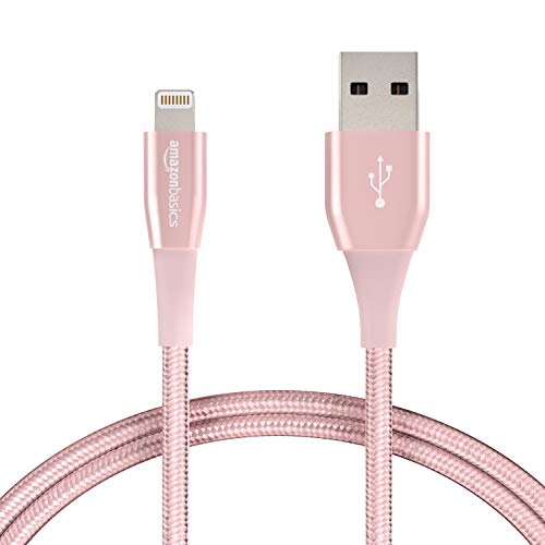 Book Cover Amazon Basics Double Nylon Braided USB A Cable with Lightning Connector, Premium Collection - 3 Feet (0.9 Meters) - Rose Gold