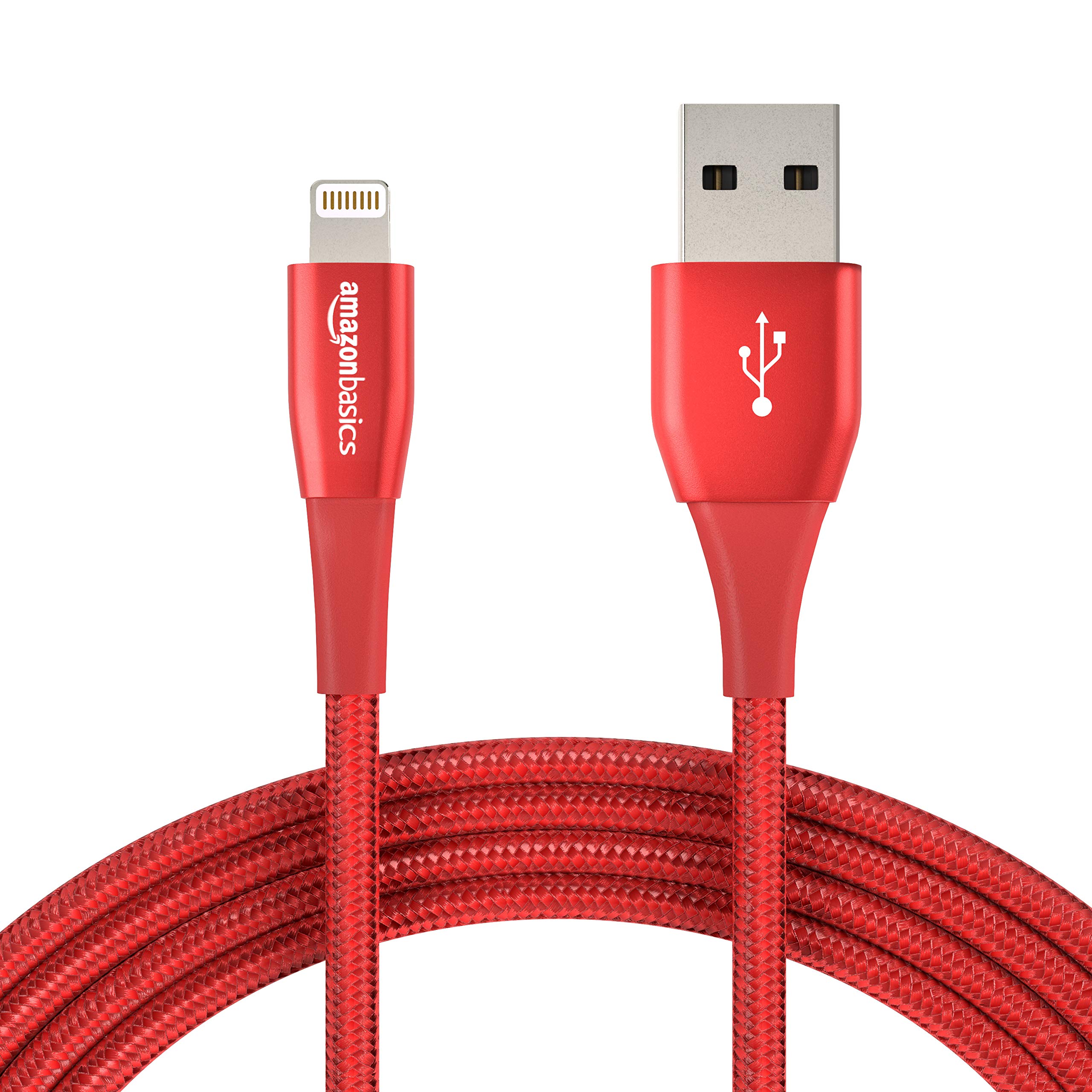 Book Cover Amazon Basics Double Nylon Braided USB A Cable with Apple Lightning Connector, Premium Collection - 10-Foot, 12-Pack - Red Red 12-Pack 10-Foot Cable