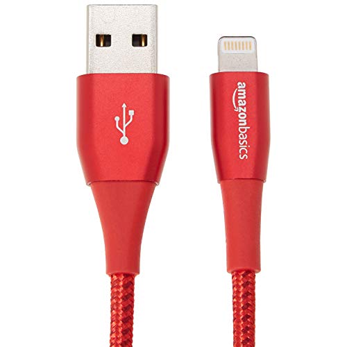Book Cover AmazonBasics Double Nylon Braided USB A Cable with Lightning Connector, Premium Collection, MFi Certified iPhone Charger, Red, 10 Foot