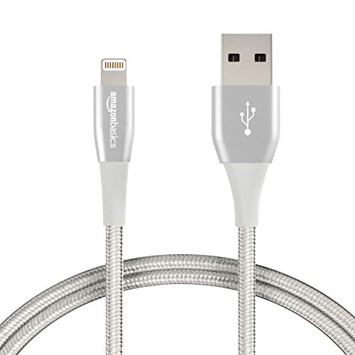 Book Cover AmazonBasics Double Nylon Braided USB A Cable with Lightning Connector, Premium Collection - 3 Feet (0.9 Meters) - Silver