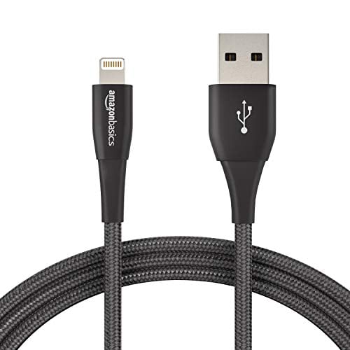 Book Cover Amazon Basics Double Nylon Braided USB A Cable with Lightning Connector, Premium Collection, MFi Certified Apple iPhone Charger, 6 Foot, Black