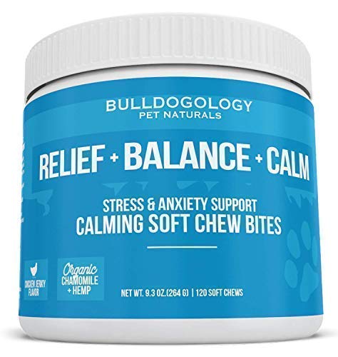 Book Cover Bulldogology Calming Dog Treats for Stress & Anxiety Relief from Separation, Fireworks, Barking, Travel, Car Rides, Thunderstorms (Chicken Jerky, 120-Count)