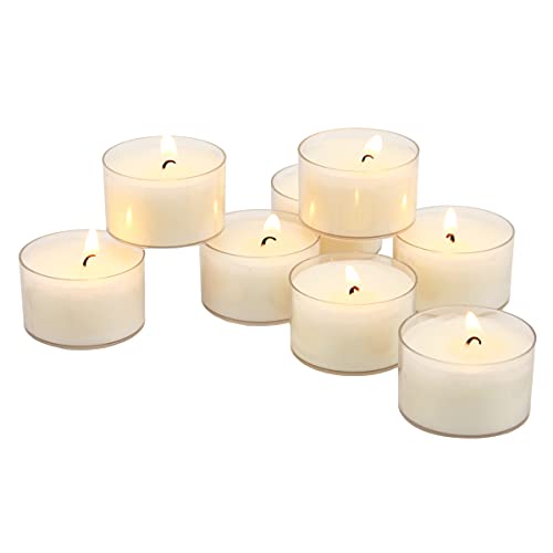 Book Cover Stonebriar Bulk 96 Pack Unscented Smokeless Long Burning Clear Cup Tea Light Candles with 6 to 7 Hour Extended Burn Time