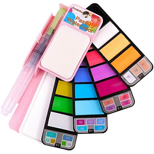 Book Cover Sunshilor Pastel Watercolor Paint Set - 18 Assorted Colors with Brush, Foldable Portable Water Color Field Sketch Set for Outdoor Painting â€“ Travel Pocket Watercolor Kit Christmas Gifts