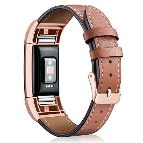 Book Cover Mornex Replacement Leather Band Compatible with Fitbit Charge 2, Classic Genuine Leather Wristband for Men Women(Brown-Rosegold Buckle)