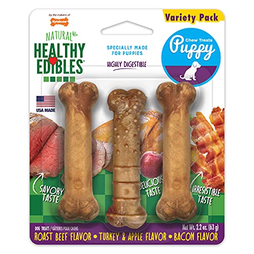 Book Cover Nylabone Healthy Edibles Natural Puppy Treats Variety Pack - Puppy Supplies - Roast Beef, Bacon, Turkey & Apple Flavors, X-Small/Petite (3 Count)