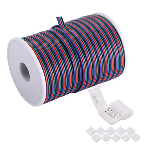 Book Cover C-able 100ft(30.5m) 22 AWG 4Pin RGB Wire Extension Cable with Spool, Led Lights Wires Strip Extend Wire for 5050 3528, with 8PCS RGB Led Strip Connectors