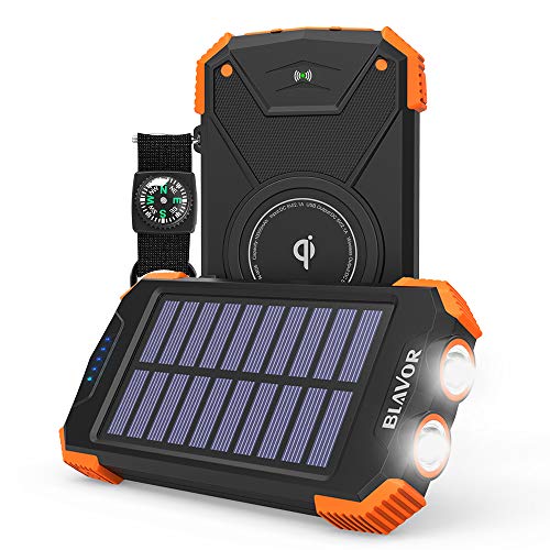 Book Cover Solar Power Bank, Qi Portable Charger 10,000mAh External Battery Pack Type C Input Port Dual Flashlight, Compass (IPX4 Splashproof, Dustproof, Shockproof, Solar Panel Charging, DC5V/2.1A Input)