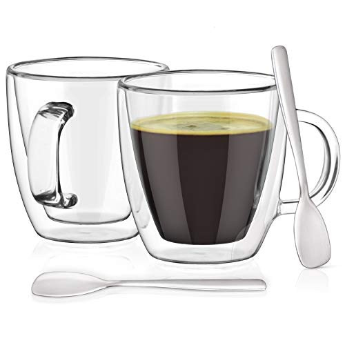 Book Cover Espresso Cups with Espresso Paddles. Fits ALL Nespresso Machines. 5.4 oz Espresso Glasses (set of 2). Insulated Double Wall Thermo Mugs by Dewstone