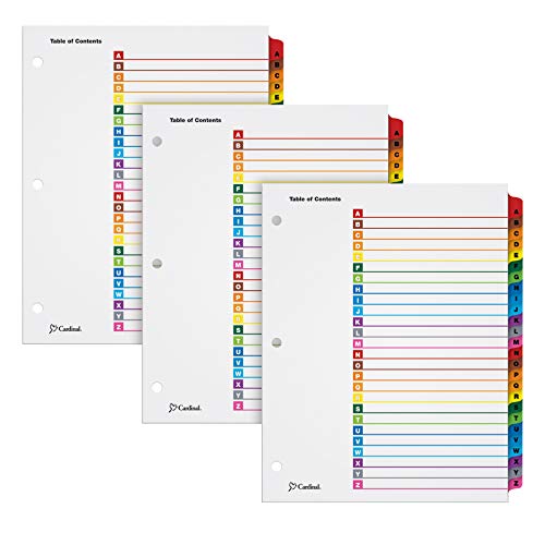 Book Cover Cardinal A-Z Tab Dividers for 3 Ring Binders, Customizable Table of Contents Page with Multicolor A-Z Tabs, 3 Sets (63218)