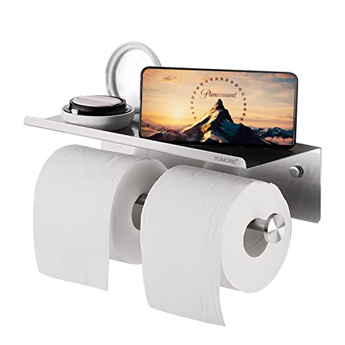 Book Cover YUMORE Toilet Paper Holder, 304 Stainless Steel Bathroom Double Roll Tissue Holder with Shelf, Wall Mounted Washroom Dual TP Dispenser Storage, Flushable Wipes Dispenser, Brushed Nickel Finish