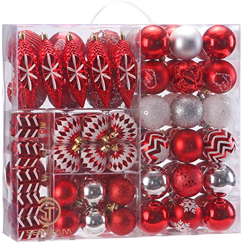 Book Cover Sea Team 65 Pieces of Assorted Shatterproof Christmas Ball Ornaments Set Seasonal Decorative Hanging Ornament Set with Reusable Hand-held Gift Package for Holiday Xmas Tree Decorations (Red)