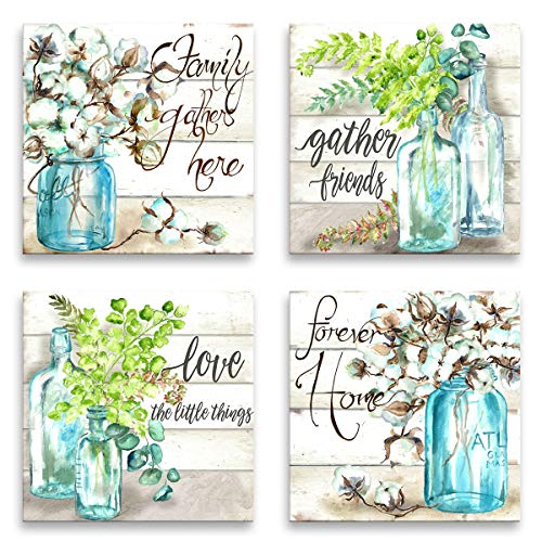Book Cover JLXART Wall Art for Kitchen Canvas Print Beautiful Watercolor-Style Family Gathers Here and Forever Home Mason Jar Floral Artwork Four 12x12inch Framed Prints