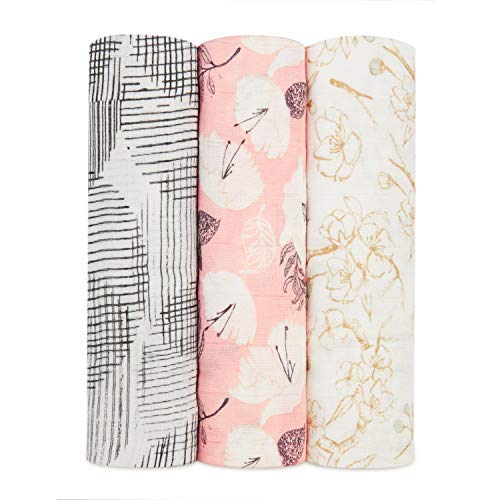 Book Cover Aden + Anais Silky Soft Swaddle Baby Blanket, Viscose Bamboo Muslin, Large 47 X 47 inch, Pretty Petals, 3 - Pack