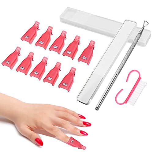 Book Cover FITDON 10PCS Nail Polish Remover Clips Soak Off Caps & Stainless Steel Triangle Cuticle Pusher Peeler Scraper & Nano Crystal Glass Nail Files Buffer & Mini Nail Brush (Pink)