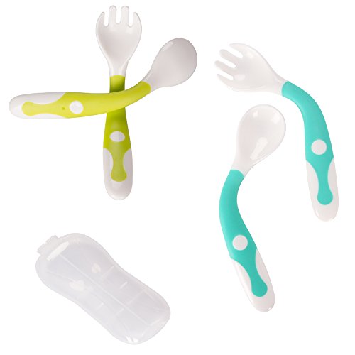Book Cover Baby Utensils Spoons Forks Set with Travel Safe Case Toddler Babies Children Feeding Training Spoon Easy Grip Heat-Resistant Bendable Soft Perfect Self Feeding Learning Spoons 2 Sets
