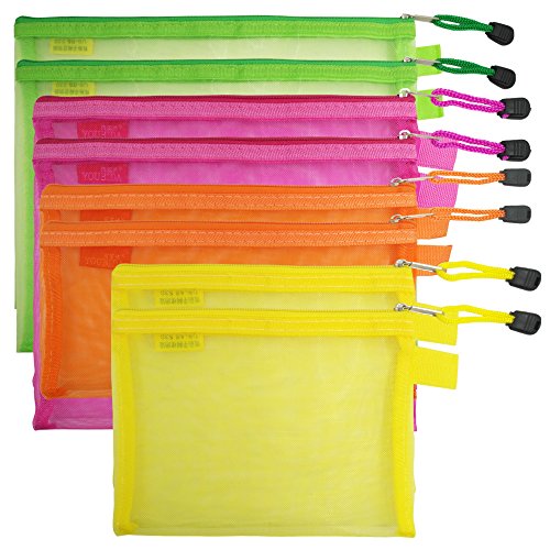 Book Cover 8 Pcs Zipper Mesh File Bags Folder Document Pockets with Bill B5 A5 A6 Size, AFUNTA 4 Color 4 Size Nylon Pencil Case Cosmetic Storage Office Pouch Holder- Orange, Yellow, Green, Rose Red