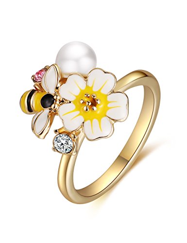 Book Cover XZP Yellow White Enamel Flower Bee Rings for Women Made with Austria CZ Fashion Gold Plated Ring