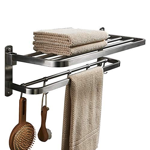 Book Cover BESy Premium SUS 304 Stainless Steel Towel Racks for Bathroom, Foldable Bathroom Shelf with Towel Bar Rod Hooks, Multifunction Double Towel Bars Hotel Style, Screw Wall Mount, Brushed Nickel, 22 Inch