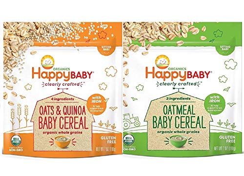 Book Cover Happy Baby, Clearly Crafted Cereal (VARIETY PACK 2PK) - [Organic Whole Grain Oats and Quinoa] & [Organic Whole Grain Oatmeal], 7 Ounce, Organic Baby Cereal in a Resealable Pouch, with Iron to Support