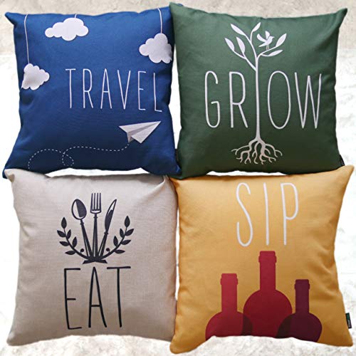 Book Cover BrigHaus Decorative Throw Pillow Cover Set of 4, Linen Polyester Blend - Fits 18 x 18 and 20 x 20 Inserts | Eat, Sip, Travel, Grow Quotes Sofa Cushion Cases with Zipper for Couch or Bed