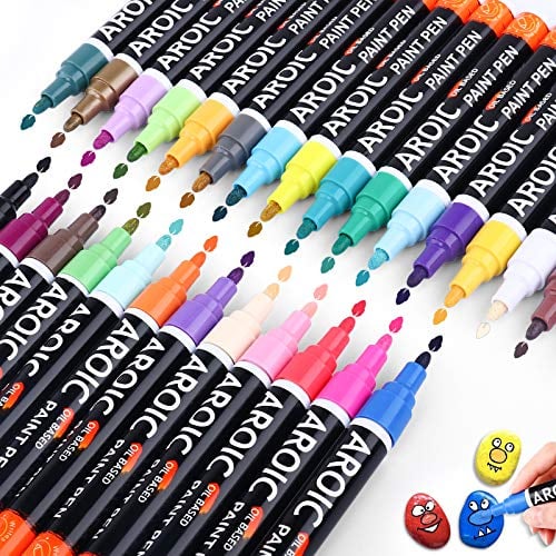 Book Cover AROIC Paint Markers, 28 Colors Oil-Based Waterproof Paint Marker Pen Set. Posca Paint Markers for Rock, Wood, Metal, Plastic, Glass, Canvas, Ceramic & More! Safe and odorless.