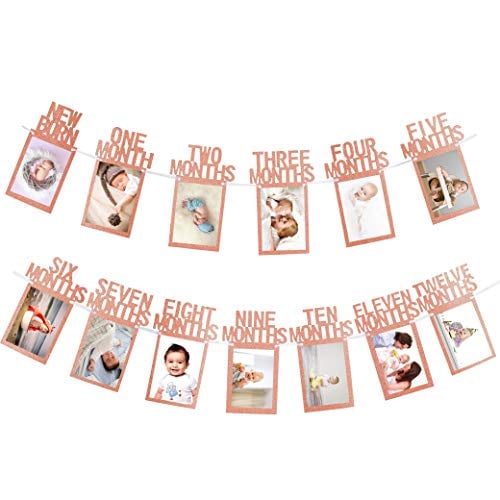 Book Cover Whaline 1st Birthday Baby Photo Banner for Newborn to 12 Months, Monthly Milestone Photograph Bunting Garland, First Birthday Celebration Decoration (Rose Gold)