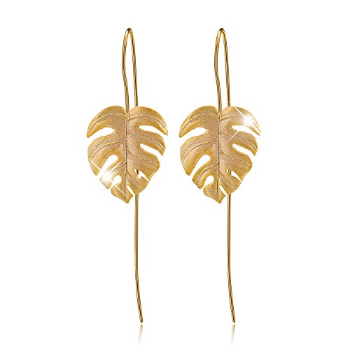 Book Cover Lotus Fun 14K Yellow Gold Plated 925 Sterling Silver Drop Earrings Monstera Leaves Dangle Earring , Handmade Unique Jewelry for Women and Girls