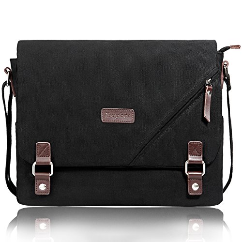 Book Cover ibagbar Upgraded Canvas Messenger Bags 14 Inch Shoulder Crossbody Bag Laptop Computer Bags with Padded Sleeves Vintage Satchel College School Bag Bookbag Working Bag for Men and Women (Black 001)