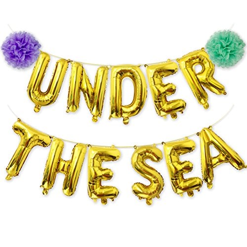 Book Cover Under the Sea Balloons Banner Gold, Mylar Letter Balloon with Pom Poms for Under the Sea Party Decorations Mermaid Party Supplies