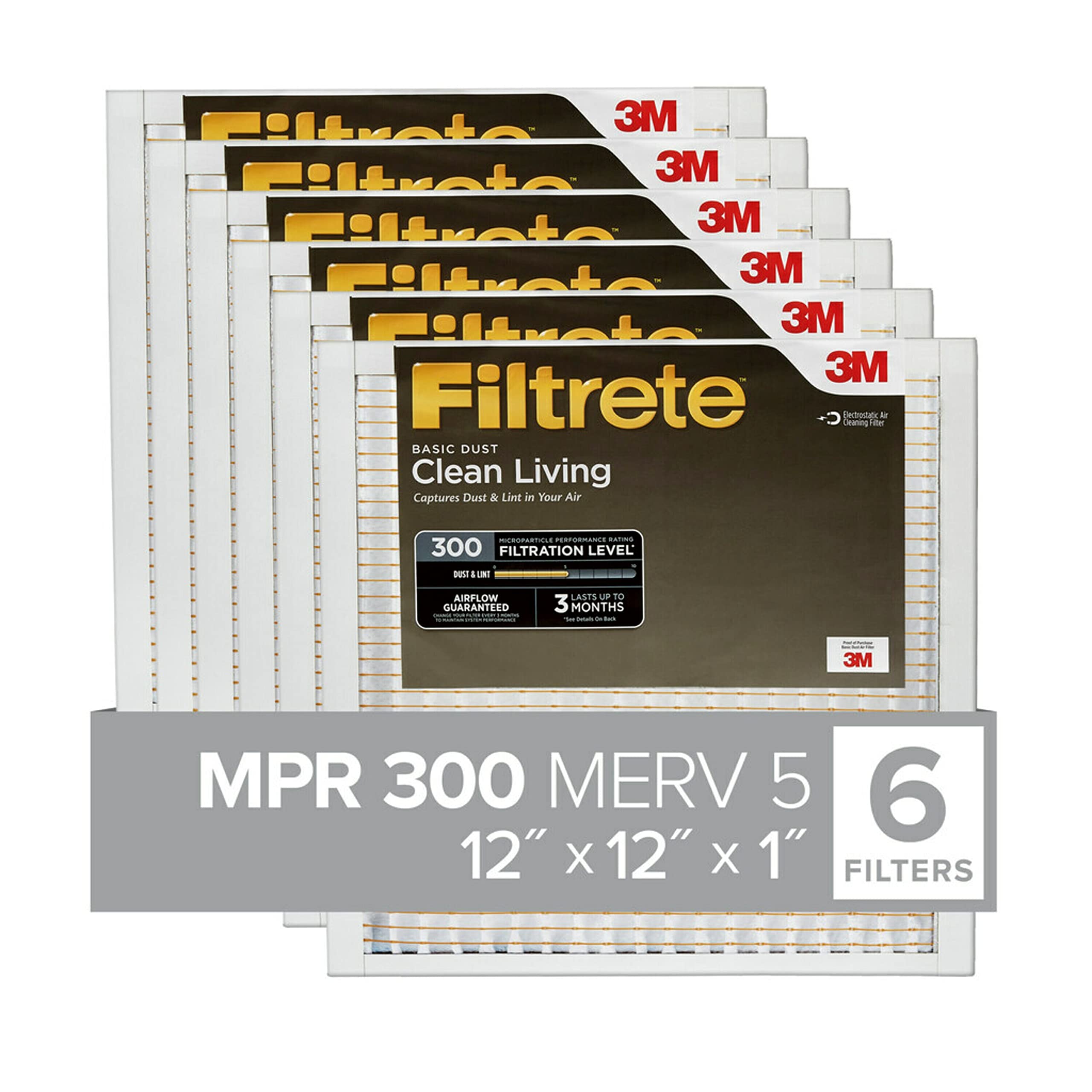 Book Cover Filtrete 12x12x1 Air Filter, MPR 300, MERV 5, Clean Living Basic Dust 3-Month Pleated 1-Inch Air Filters, 6 Filters 12x12x1 White