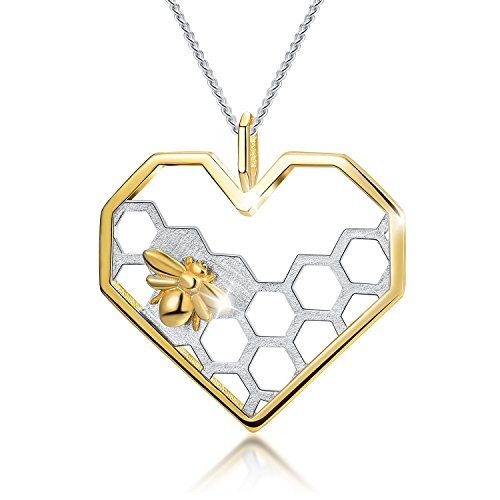 Book Cover Lotus Fun Gifts for Christmas S925 Sterling Silver Necklace Pendant Honeycomb Bee Pendant with Link Chain length 17inches, Handmade Unique Jewelry Gift for Women and Girls