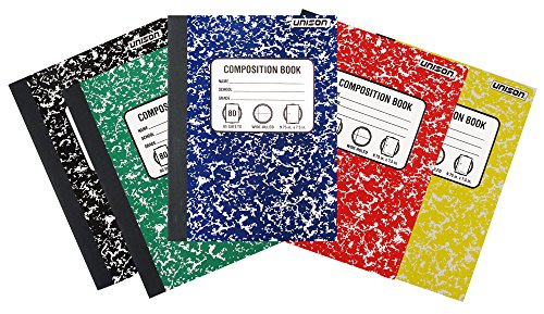 Book Cover Bundle of 5 Wide Ruled Marbled Composition Notebooks; 1 of Each Color ;Red, Blue, Green, Yellow and Black