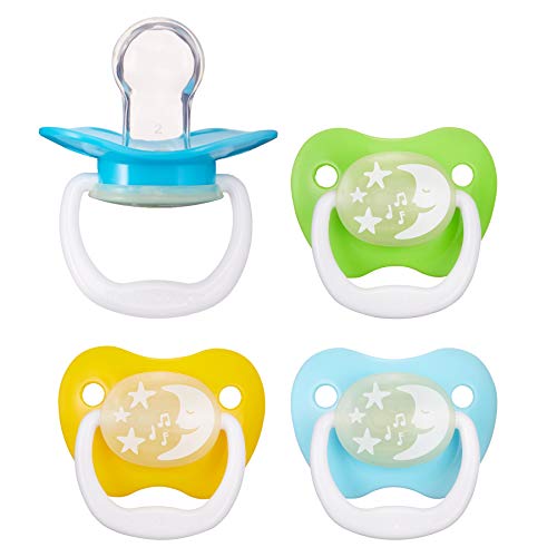 Book Cover Amazon Brand - Mama Bear Glow-in-the-Dark Baby Pacifier, Stage 2 (6-12M), BPA Free, Assorted Colors (Pack of 4)