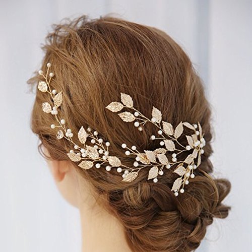 Book Cover Unicra Wedding Leaves Hair Vines with Pearl Wedding Bridal Headpieces Headbands for Bride and Bridesmaid (Gold)