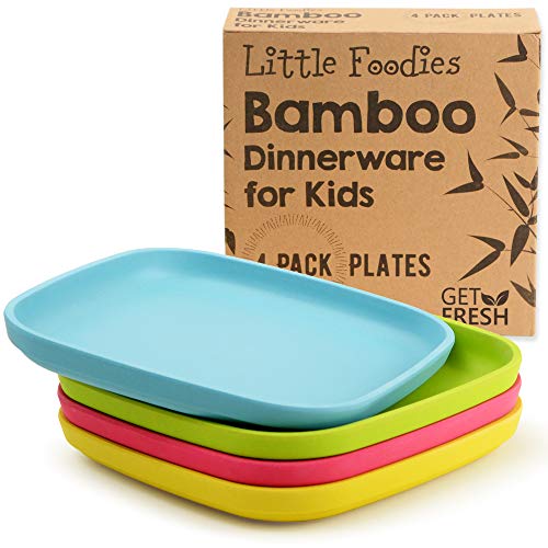 Book Cover Bamboo Kids Plates, 4 Pack Set, Stackable Bamboo Dinnerware for Kids, Bamboo Fiber Kids Plates Set, Dinner Dish Set for Kids and Toddlers, BPA-free, Dishwasher Safe and Stackable