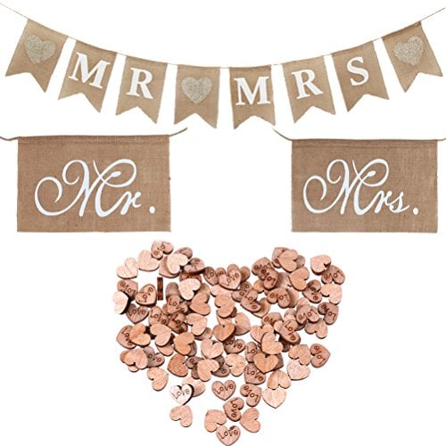 Book Cover Buytra Rustic Wedding Decorations Set Including Burlap MR MRS Bunting Banner, Mr Mrs Chair Sign, 100 Pack Wooden Love Heart Slices