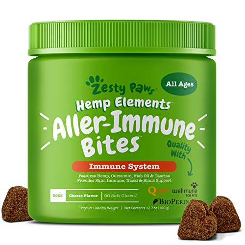 Book Cover Allergy Immune Supplement with Hemp for Dogs - For Skin & Sinus + Seasonal Pollen Dog Allergies - With Cod Liver Fish Oil, Curcumin, BioPerine, Vitamin C & Quercetin - Omega 3 & 6 Support - 90 Chews