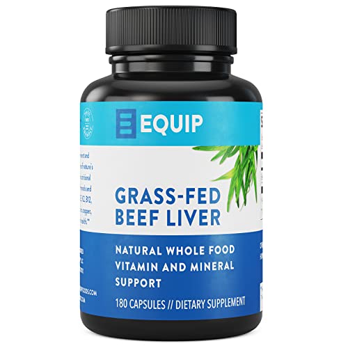 Book Cover Equip Foods Grass-Fed Beef Liver Capsules - Natural Desiccated Beef Liver Supplement - Support Heart Health, Brain Function, Digestion, Metabolism, Immunity, Detoxification -180 Capsules