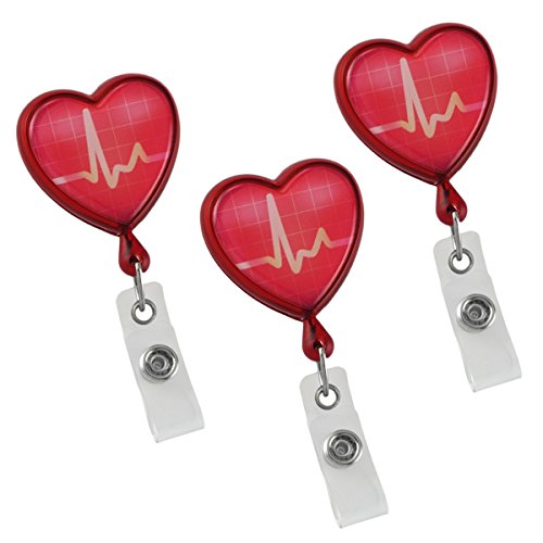Book Cover Retractable Nurse Badge Reels in Heart Shape EKG Design with Alligator Swivel Clip by Limeloot (3-Pack)