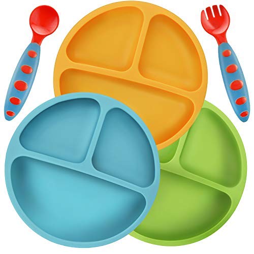 Book Cover PandaEar Divided Unbreakable Silicone Baby and Toddler Plates - 3 Pack - Non-Slip - Dishwasher and Microwave Safe - FDA/LFGB Certified Silicone Blue Green Yellow