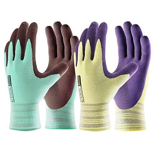 Book Cover COOLJOB 2 Pairs Breathable Gardening Gloves for Women Medium, Stretch Soft Modal Base with Non-slip Rubber Coating, Palm Dipped Grip Work Gloves for Gardener Worker in Lawn Yard Factory Garden