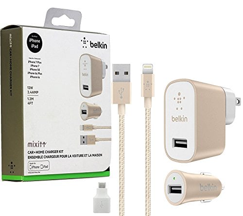 Book Cover Belkin Metallic Mixit -12W 2.4Amp Fast - Home & Car Lightning Charger Gold White Kit -(Retail Packing) For iOS iPhone 8/+/X iPad Pro