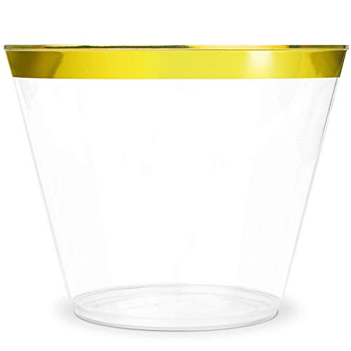 Book Cover KüchePro 100 Pack 9oz Gold Rim Clear Plastic Cups - Disposable Plastic Wine Glasses for Parties, Birthdays, Fancy Cups for Kids, Bridal Showers, Fancy Cups for Wedding and Other Holiday Plastic Cups