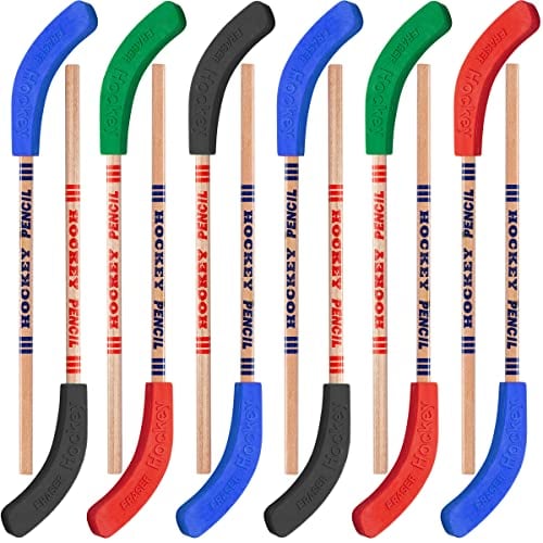 Book Cover Hockey Pencils and Erasers - (Pack of 12) Bulk 9 Inch Hockey Stick Sports Theme Party Supplies, Fun Cool Pencils for Hockey Fans, Students, Stocking Stuffers and Goodie Bag Birthday Party Favors