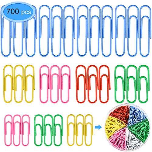 Book Cover Colored Paper Clips 700 Pieces, EAONE Vinyl Coated Metal Paper Clips 50mm 33mm 28mm Document Paper Organizer Clips for Office School Home, Colors