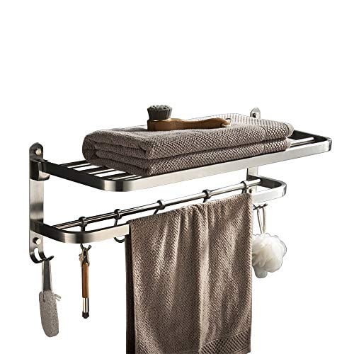 Book Cover YJ YANJUN Hotel Towel Rack with Shelf for Bathroom Foldable Shower Towel Holder Wall Mounted Stainless Steel Brushed Nickel