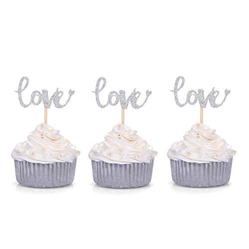 Book Cover 24 CT Silver Glitter Love Cupcake Toppers Wedding Bridal Shower Engagement Party Decors